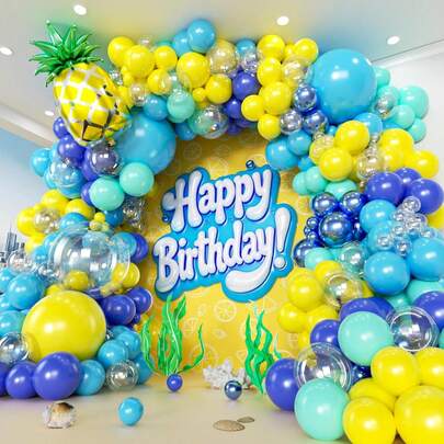 147件卡通海绵气球拱门套装，适用于生日派对、性别揭晓派对、迎婴派对和海底主题生日派对装饰，包含黄色、蓝色、金属蓝、绿松石色气球和菠萝气球拱门装饰。