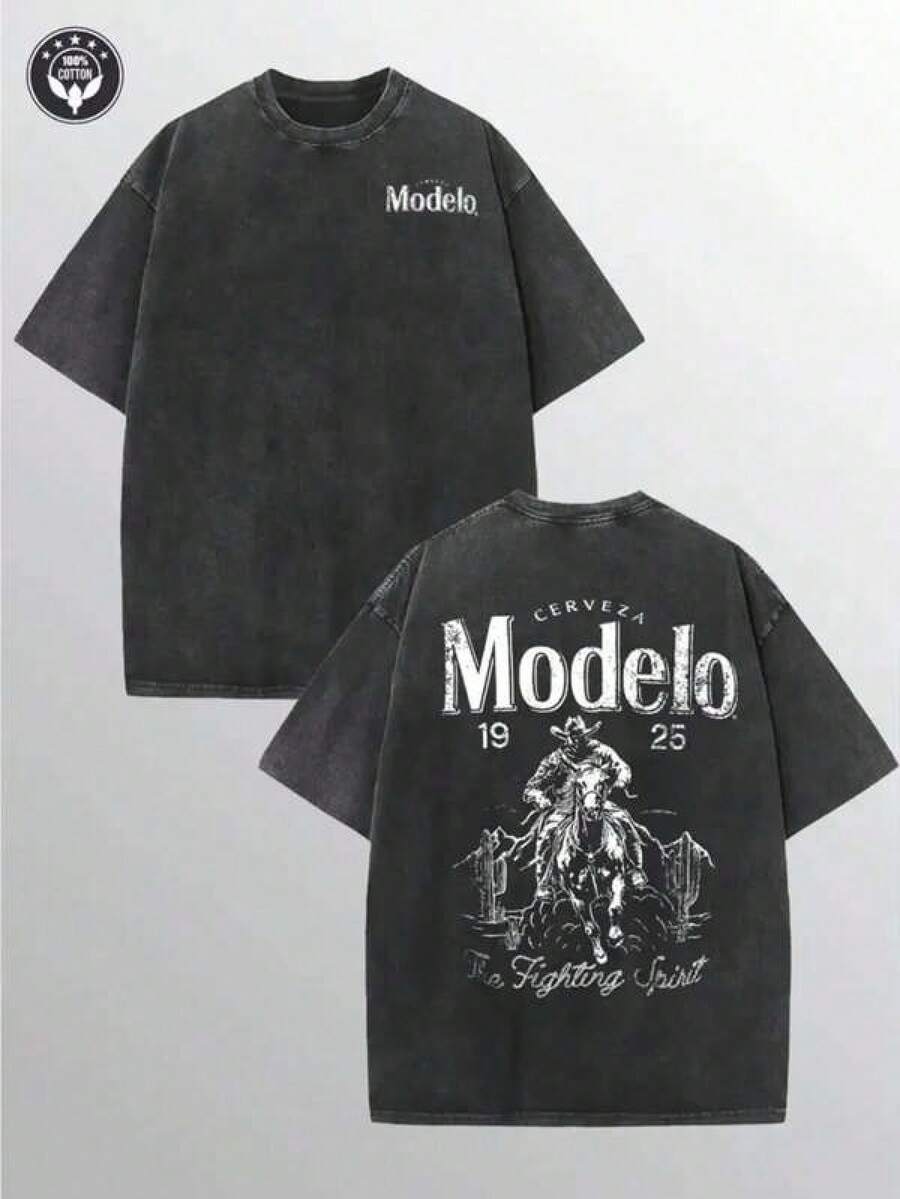 Modelo Men's Washing Cotton T-Shirt, Cotton, Casual Sports Style T Blood, Fashionable Street Style, Suitable For Travel And Sportswear,SD0081 - 黑色 - 查看 1