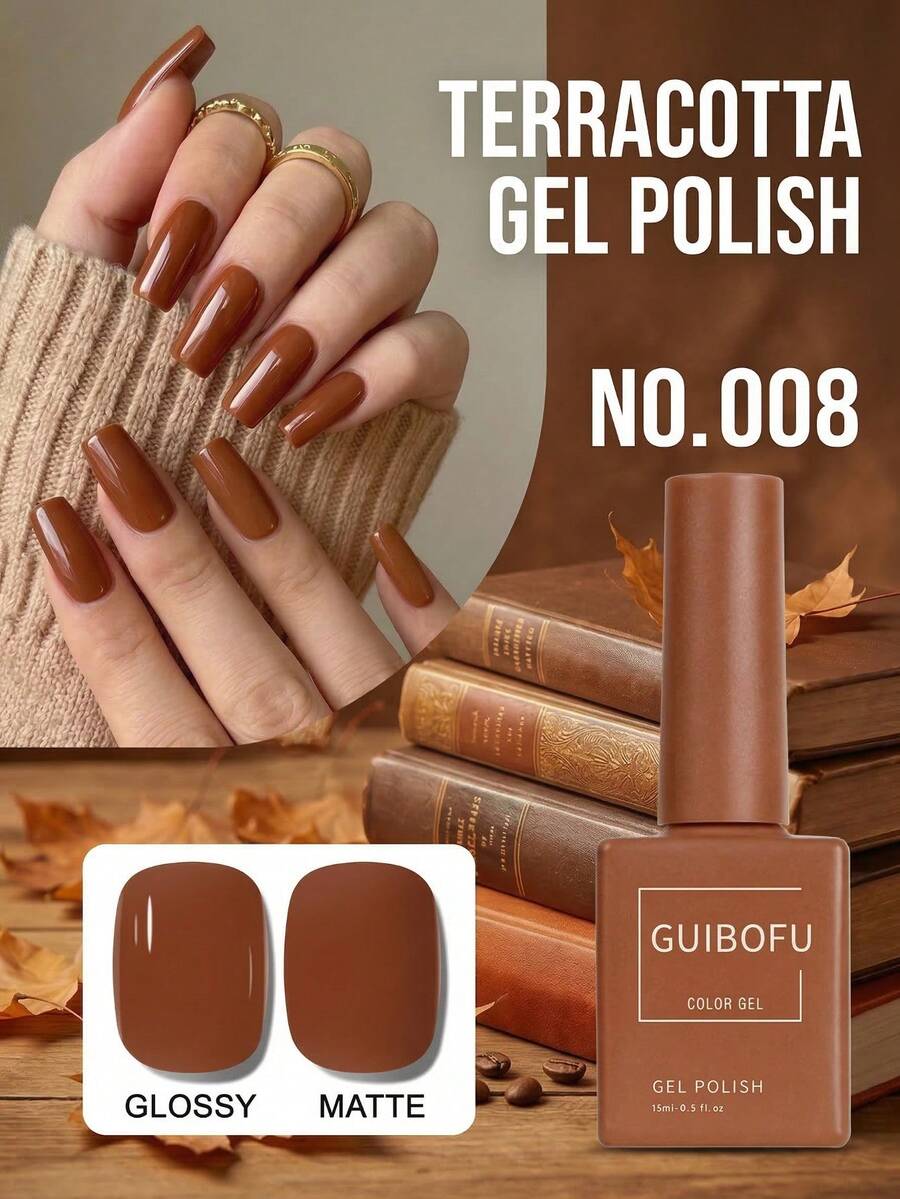 Sơn móng tay dạng gel GUIBOFU 15ml màu đất nung, nâu đỏ gạch, tông màu đất, phong cách retro, sử dụng đèn UV LED, dễ tẩy, bền màu, độ bám màu cao, thích hợp cho mùa thu, nghệ thuật vẽ móng, màu sắc ấm áp, phong cách bí ngô gia vị.