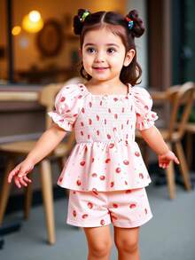 Bộ đồ hè dễ thương cho bé gái, áo tay phồng in hình dâu tây và quần short, bộ 2 món thiết yếu. - Hồng - Xem 7