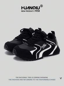 HUANQIU 2026新款男鞋，男士运动鞋，厚底休闲鞋，时尚多功能轻便舒适系带运动鞋，软底休闲鞋，跑步鞋，黑白四季鞋 - 黑與白 - 查看 3