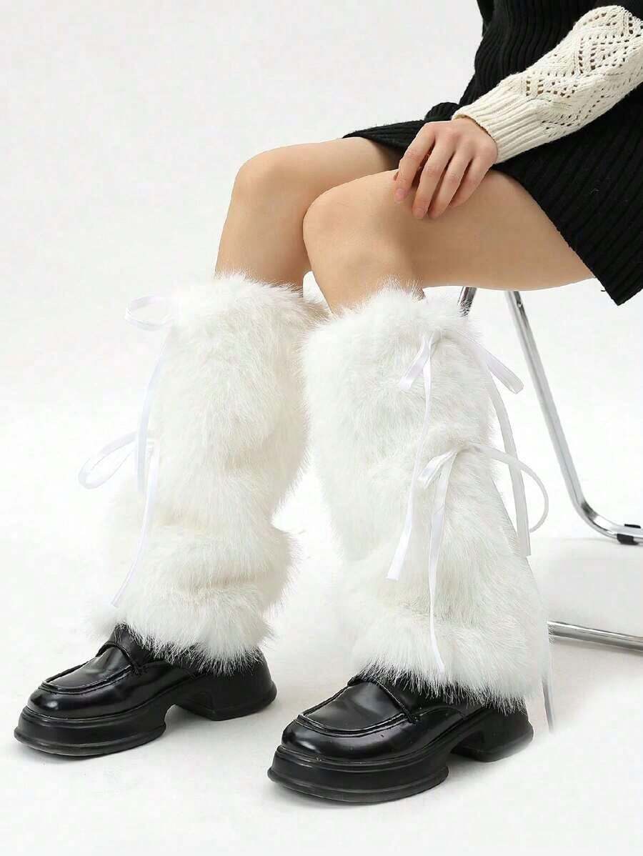 1 Pair Solid Color Fuzzy Ankle Gaiters Leg Warmers For Women, Suitable For Autumn And Winter PNVJ - 頭髮長度 15-40 厘米 - 查看 1