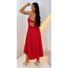 VESTIDO SENSORIAL LONGO GOLA ALTA COM BOJO BABADO ELEGANTE FESTA CASAMENTO FORMATURA - Vermelho - Visão 2