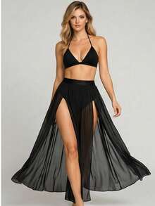 Long Beach Cover-Up Skirt In Transparent Tulle With Double Slit - Summer - Negro - Ver 5