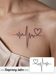 1 Pack Waterproof & Long-Lasting Women's Collarbone Electrocardiogram Tattoo Stickers: Delicate & Fresh Patterns, Disposable Realistic Temporary Tattoos - Multicolor - View 1