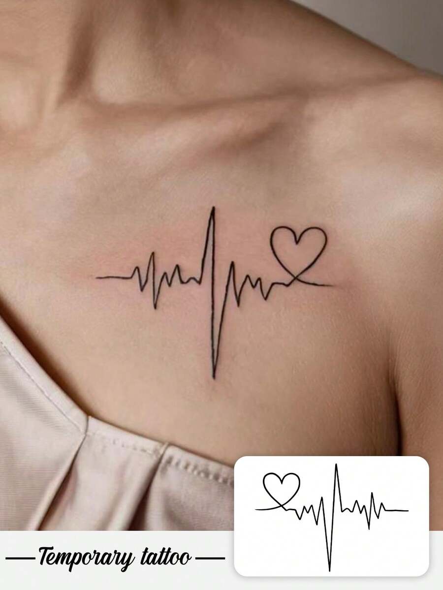 1 Pack Waterproof & Long-Lasting Women's Collarbone Electrocardiogram Tattoo Stickers: Delicate & Fresh Patterns, Disposable Realistic Temporary Tattoos - Multicolor - View 1