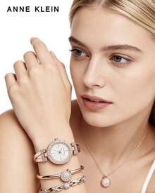 Anne Klein Bộ đồng hồ đeo tay cao cấp đính pha lê dành cho nữ, đồng hồ thạch anh, trang sức quà tặng cho bạn gái, vợ. - Hoa hồng vàng - Xem 4