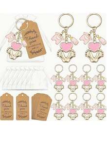 36件套粉蓝脚印钥匙扣礼盒，性别揭晓派对回礼，12套包含脚印瓶挂饰、钥匙扣、白色薄纱袋和牛皮纸感谢卡，12个创意钥匙扣+12张棕色感谢卡+12个白色薄纱礼品袋，成人礼物 - 彩色 - 查看 2