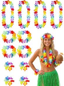 Bộ 12 món băng đô hoa Hawaii, bao gồm vòng cổ hoa, vòng tay hoa nhiệt đới và phụ kiện đội đầu, thích hợp cho tiệc theo chủ đề Hawaii, trang trí bãi biển mùa hè. - A - Xem 1