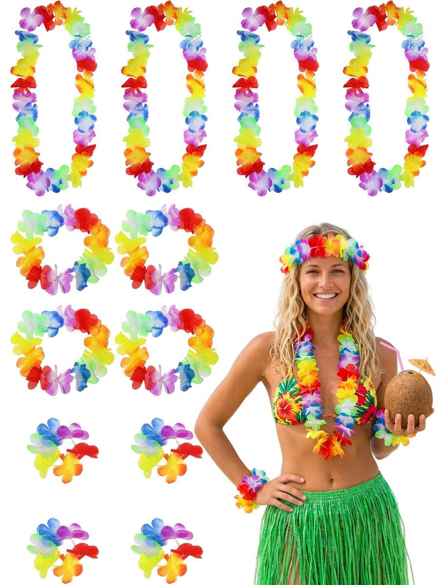 Bộ 12 món băng đô hoa Hawaii, bao gồm vòng cổ hoa, vòng tay hoa nhiệt đới và phụ kiện đội đầu, thích hợp cho tiệc theo chủ đề Hawaii, trang trí bãi biển mùa hè. - A - Xem 1