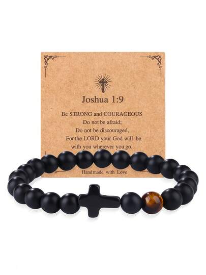 新款哑光串珠手链，配虎眼石和小十字架吊坠，黑曜石手链