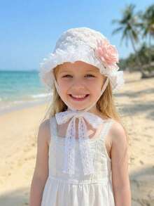 1pc White Lace Flower Girls Sun Hat, Breathable UV Protection Princess Style Embroidered Children Cap - 1PC - View 8