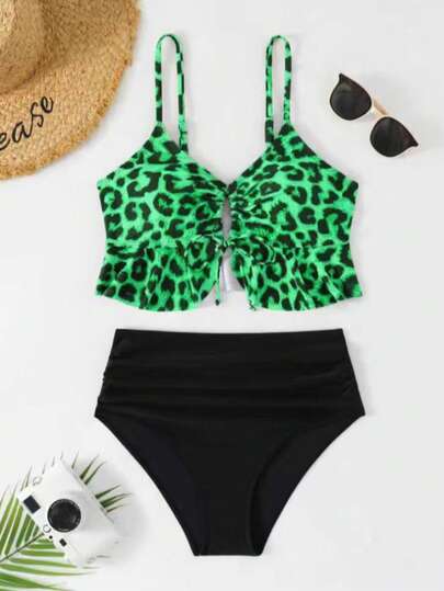 Elegant Leopard Print Tie Front Crop Top And High Waist Triangle Bikini Set, Sexy Fashion Beach Vacation Outfit Summer
