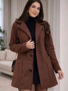 Women's Medium Overcoat With Pockets And Buttons, Elegant Wool, Winter - 鏽棕色 - 查看 2