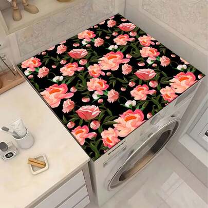 1pc Anti-Slip Laundry Room Floor Mat, Suitable For Washing Machine/Dryer - Black Base Vibrant Peony Flower Cluster Laundry Mat, Decorative Appliance Cover For Washing Machine And Dryer Top, Laundry Room Decor