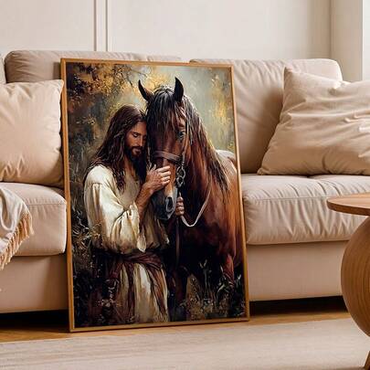 1幅复古耶稣抚摸骏马帆布艺术海报，帆布墙画，适用于家庭卧室、客厅、房间、农场、酒店和咖啡馆，帆布材质，墙面装饰礼品，不含画框