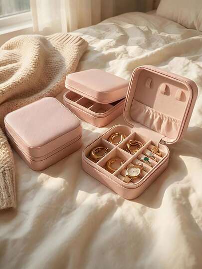 1pc Compact Jewelry Box, Small PU Leather Jewelry Storage Box, Gift For Women, Simple Travel & Home Jewelry Organizer, Portable Zipper Pouch, Pink Travel Essentials, Jewelry Box For Earrings, Necklaces, Rings, Travel Accessories