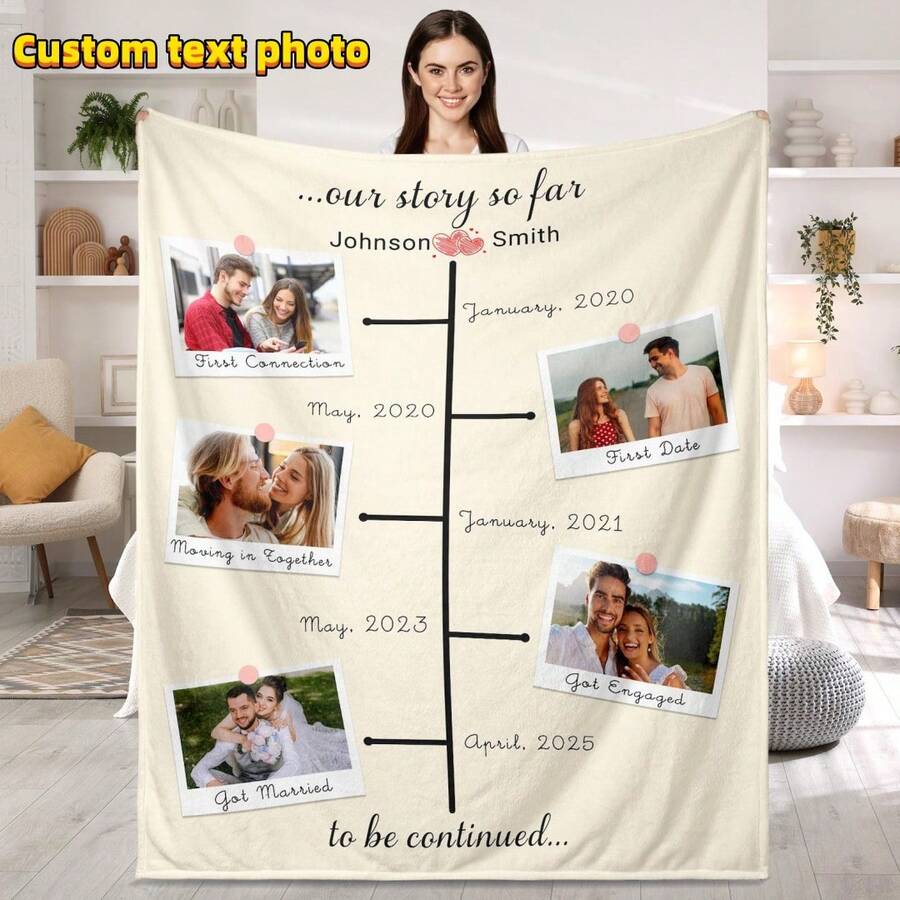 1pc Custom Blanket , Customization Blankets With Over 5 Images,Personalized Soft Cozy Blankets, Personalized Gift,Customized Text, Documenting The Course Of Love And Life Journey,Custom Gift Blanket For Birthday Washable,Lightweight,Breathable - Multicolor - View 1