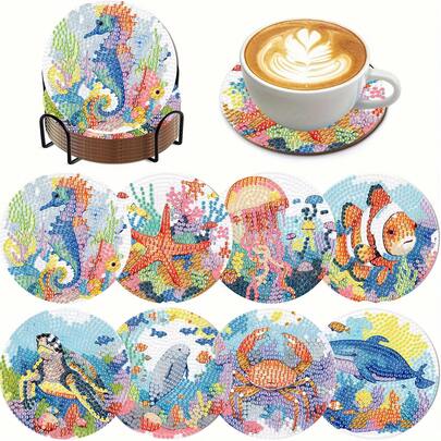 8pcs Underwater World DIY Diamond Painting Coaster Set, Round Bright Diamond Surface, Sturdy Adhesive With Full Tools, Easy For Beginners, Stress Relief Handcraft, New Year, Valentine's Day, Christmas, Teacher's Day Gift, Home Decor Coasters For Family, Friends, Girlfriend, Teacher