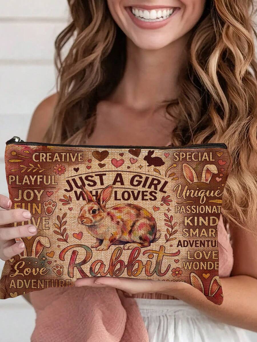 1pc "Just A Girl Who Loves Rabbit" Printed Cosmetic Bag, Modern Style Polyester Lightweight Travel Organizer - Multicolor - View 1