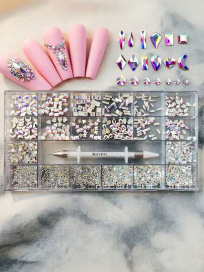 奢华21格DIY美甲水钻套装，玻璃扁平水钻，不规则水钻，DIY美甲饰品装饰套装，女孩礼物