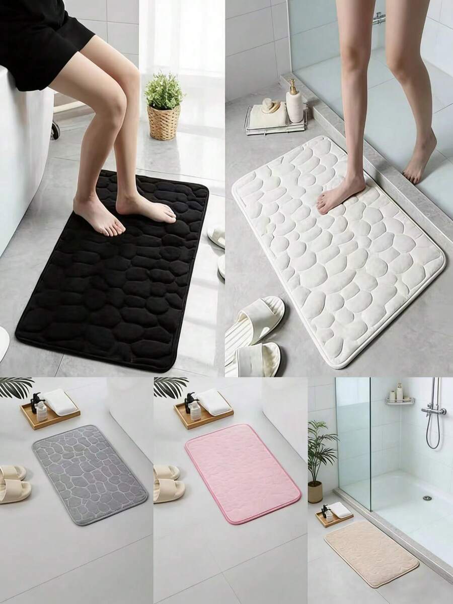 1pc Coral Fleece Stone Texture Embossed Floor Mat, Embossed Pebble Non-Slip Door Mat, Non-Slip Absorbent Quick-Dry Kitchen, Laundry Room, Bedroom Decorative Thick Foam Mat, Bathroom Non-Slip Mat