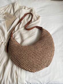 Dedoo Fashionable, Casual, And Lazy-Style Large U-Shaped Straw Crescent Bag, With A Gentle And Relaxed Feel, Super Large Capacity. The Shoulder Strap Is Spliced With Brown Leather, Can Be Carried On One Shoulder Or Cross-Body, Suitable For Summer Countryside/Outings/Seaside Vacations/Commuting - Khaki - View 10