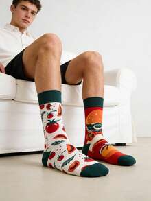 1 双男士不对称汉堡番茄图案中筒袜，四季皆宜 - 彩色 - 查看 4