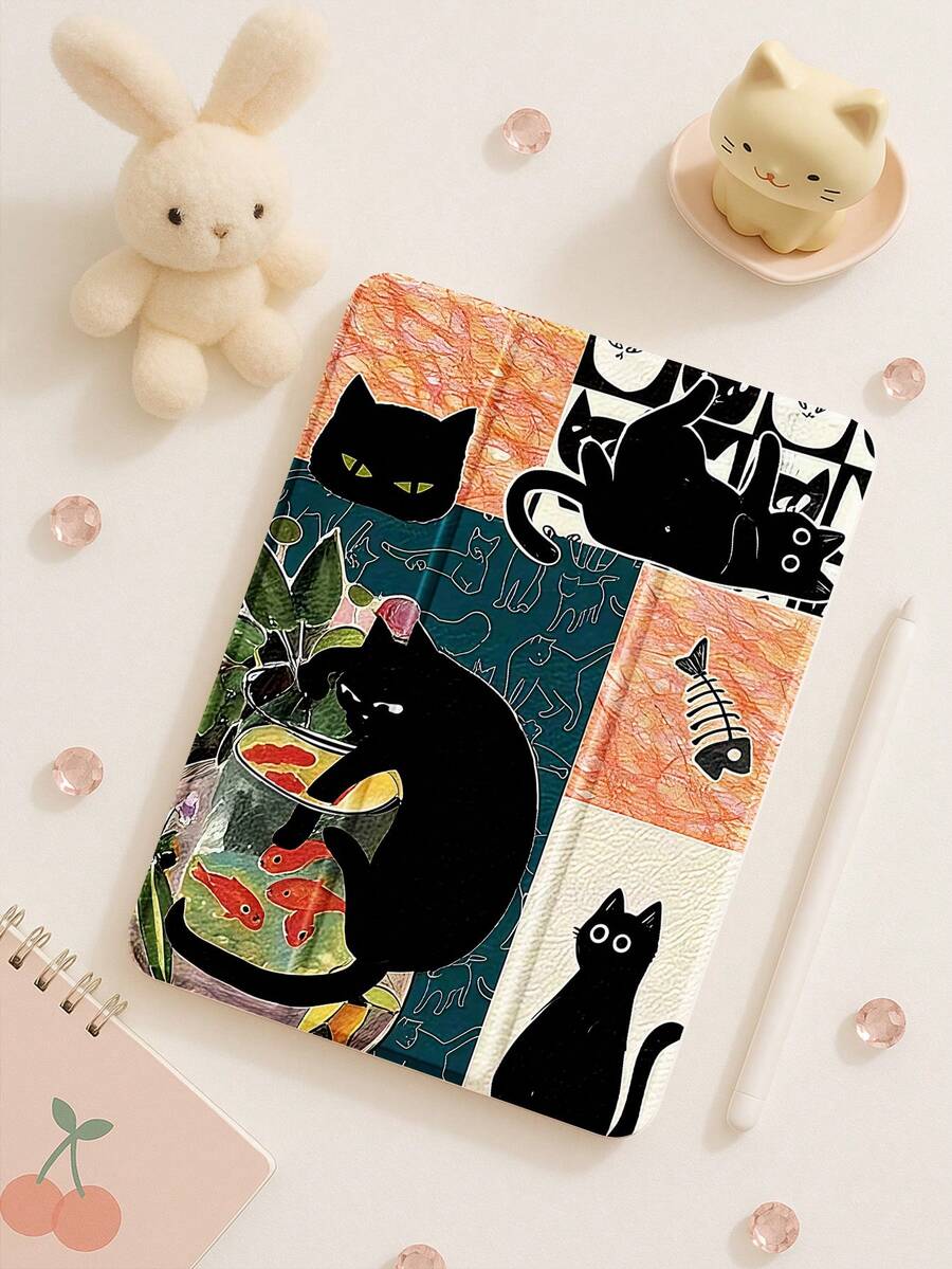1个可爱黑猫钓鱼水族箱图案硅胶防震平板电脑保护套，适用于iPad第7、8、10代，支持睡眠/唤醒功能，兼容华为等设备。 - 彩色 - 查看 1
