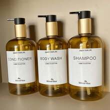 3pcs Gold-Brown Soap Dispenser Set, Bathroom Shampoo & Body Wash Refillable Bottles, Liquid Pump Bottles, Fashionable Gold-Tone Lotion Dispenser & Waterproof Labels, Home Decor Bathroom Storage Accessories, Housewarming Gift Set - Brown Translucent - View 5