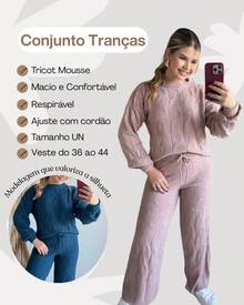WOMEN'S WINTER MOUSSE KNITTING SET WITH PANTS AND BRAIDED BLOUSE - Beige - View 5