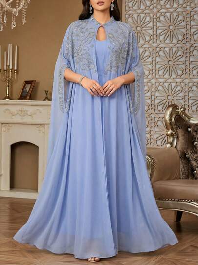 Women's Heavily Embroidered, Floral Embroidered, Elegant Stand Collar 2 Pieces Arabic Style Dress, Suitable For Parties, Festivals And Other Occasions