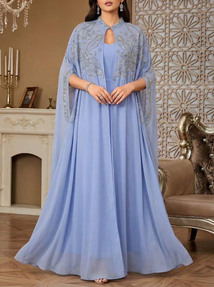 Solessence 女士重工刺绣花卉图案优雅立领两件套阿拉伯风格连衣裙,适合派对、节日和其他场合。 - 藍色 - 查看 1