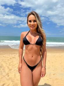 Jade Bikini With Pearls, Luxury Beach Set For Women, Summer, Bathing, And Sea - 黑色 - 查看 6