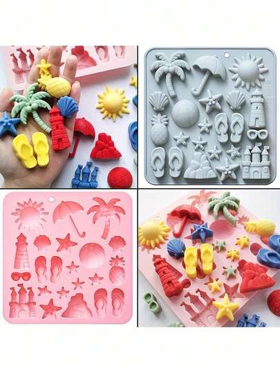 1pc Summer Beach Theme Silicone Mold - Suitable For Resin, Clay And DIY Crafting, With Cute Patterns Of Sun, Parasol, Flip-Flops And Ocean, Handmade Craft Material