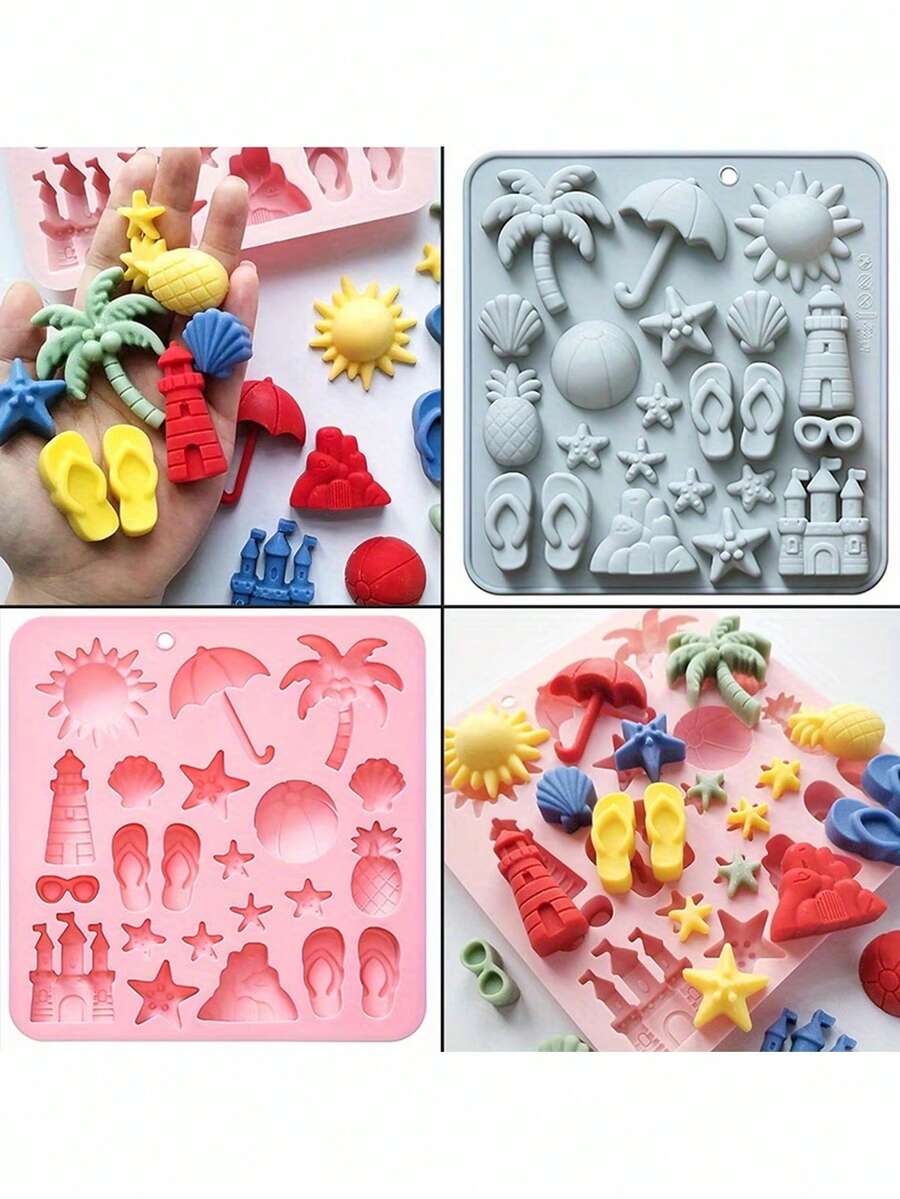 1个夏季海滩主题硅胶模具 - 适用于树脂、粘土和DIY手工制作，带有可爱的太阳、阳伞、人字拖和海洋图案，手工工艺材料 - 查看 1