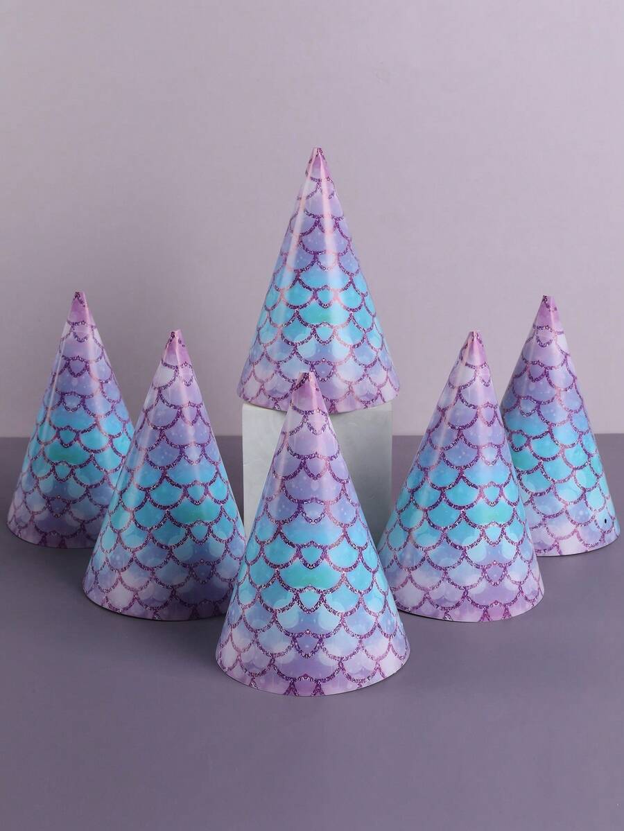 6顶美人鱼主题纸质派对帽，紫色美人鱼鳞片图案，生日派对装饰，性别揭晓派对用品，一周岁生日派对，美人鱼主题生日帽，婴儿派对摄影道具，婴儿派对礼物，性别揭晓装饰，纸质锥形帽，家庭活动用品