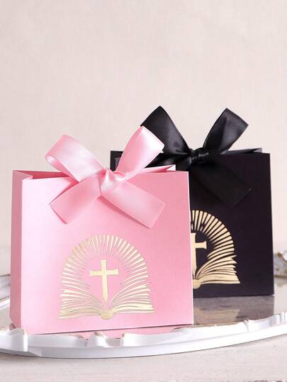 5pcs Bible Cross Gold Foil Gift Bags, Elegant White/Black/Pink Options, Suitable For Communion And Wedding Party Favors