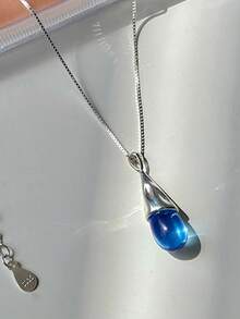1pc S925 Sterling Silver Teardrop Pendant Necklace, Minimalist Versatile Elegant Necklace, Delicate Unique Design, Suitable For Women's Daily Wear Or Party Gift, Graceful Accessory - Water Drop - View 6