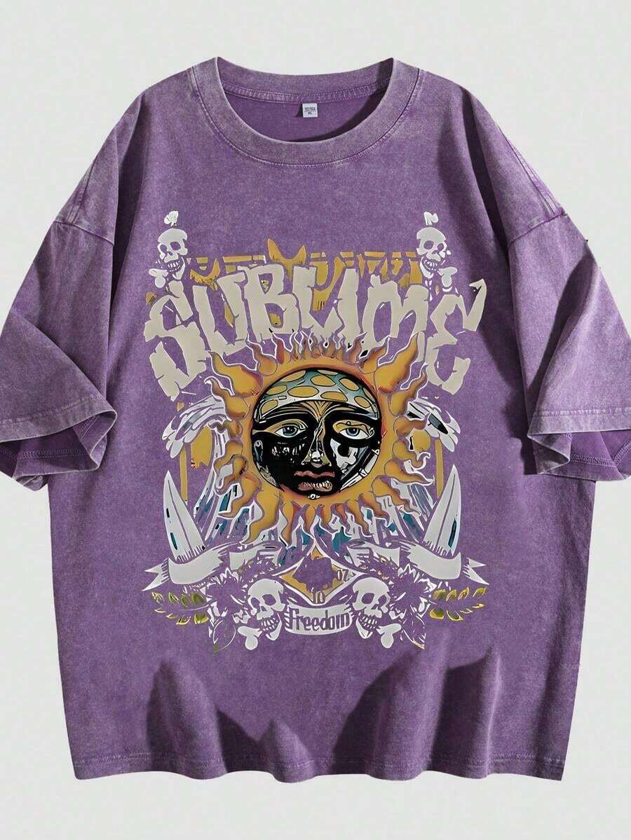 Retro Sun Face Skull Print, SUBLIM Band Style Free Theme Loose Short Sleeved Shirt Vintage Washed CottonT-Shirt Crew Neck Soft Tee For Men Women - 紫色02 - 查看 1