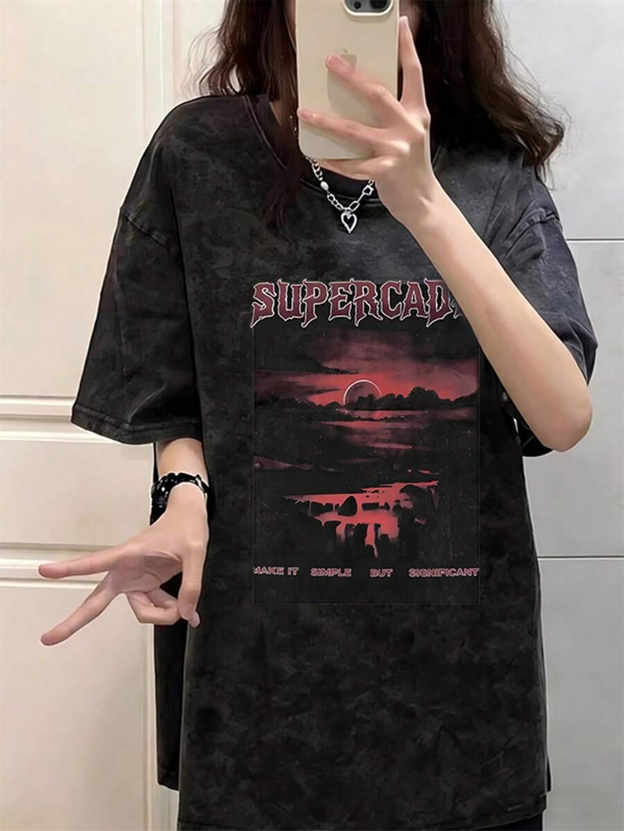 2026 Summer New Women Casual Loose Round Neck Retro Distressed Text Graphic Tee, Street Fashion Versatile Washed Short Sleeve T-Shirt - Black - View 1