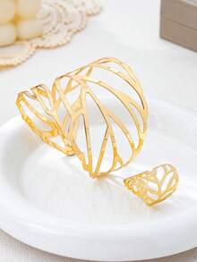 2pcs Fashionable & Elegant Minimalist Metal Hollow Leaf Design Adjustable Bracelet & Ring Jewelry Set For Women - Yellow Gold - View 3