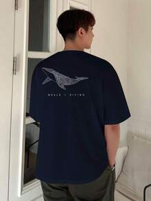 Camiseta de manga corta de verano para hombre con estampado de ballena y dibujo de líneas y letras - Negro - Ver 6