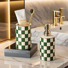 1 Pc 300Ml Ceramic Soap Dispenser Featuring A Multi-Colored Checkerboard Pattern, Designed In A Cylindrical Shape For Refilling. Ideal For Hand Soap, Shower Gel, Shampoo, And Lotion, It Is Perfect For Use In Homes, Kitchens, Bathrooms, And Hotels - Checkerboard Lotion Bottle - View 7