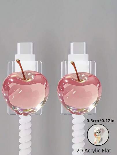 2/1个粉色透明苹果图案亚克力扁平数据线保护套。防损、时尚、耐用。这款树脂材质的线缆保护套可以防止您的数据线断裂和脱落。适用于保护您的手机、数据线、充电头、连接器和充电器。透明。