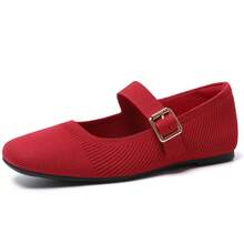 Knit Flats For Women Square Toe Slip On Casual Ballet Flats With Adjustable Strap Soft Foldable Mary Jane Shoes For Dressy Office Work Daily - 紅色 - 查看 12
