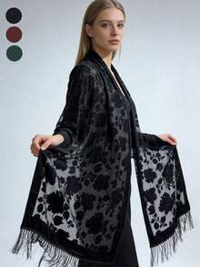 1pc Black Elegant Velvet Fashion Versatile Unique Charming Long Tassel Shawl Scarf, Suitable For Evening Party - Black - View 3