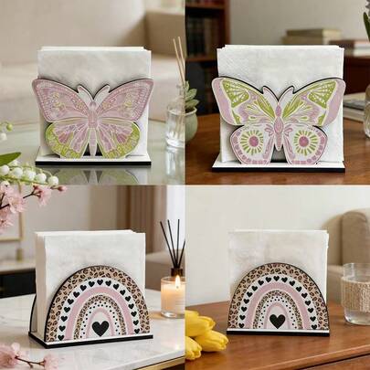 Schmetterling & Regenbogen Holz Taschentuchbox Halter, bunter Schmetterling & herzförmiges Regenbogen Design Tischplatte Taschentuchspender