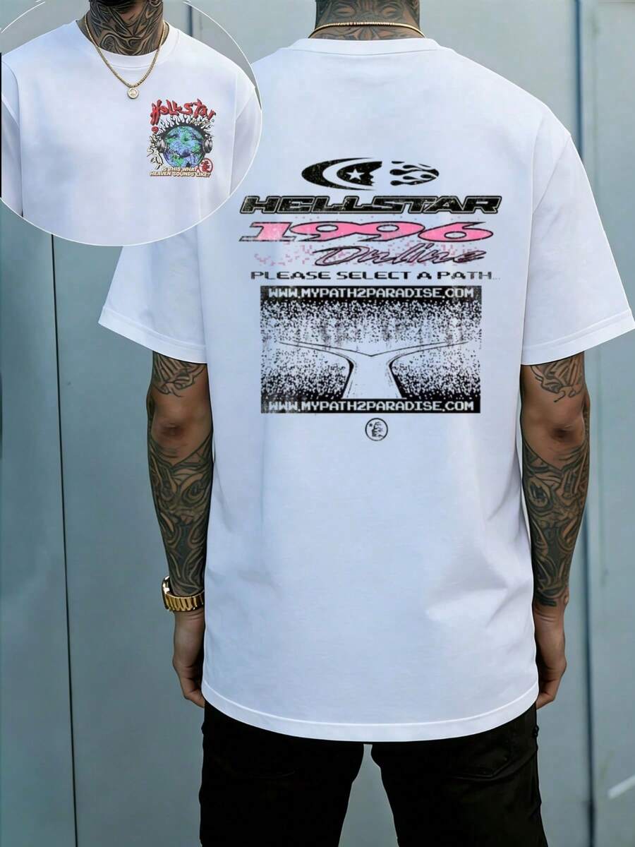 Hellstars 1996 Online My Path 2 Paradise Vintage T-Shirt Double Sided Printed (220g 100% Cotton T-Shirt),Summer Clothes, Men's Tops, Casual And Comfortable, Fashionable Graphic Tee, Unisex Style - White - View 1