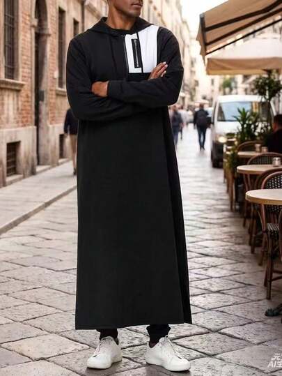 Muslim Men's Hooded Sweatshirt With Zipper Chest, Side Pockets, And Contrast Hem Split Design, Modern Islamic Men's Clothing Kamis Robe